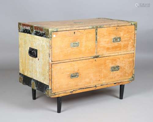 A 19th century pine campaign chest of two drawers with brass...