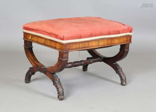 A Regency mahogany stool with red fabric seat above 'X' fram...