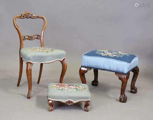 A 19th century rectangular upholstered footstool with blue w...