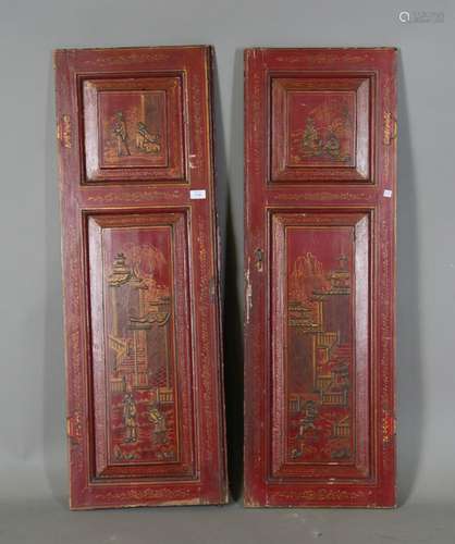 A pair of late 18th century red chinoiserie decorated doors,...