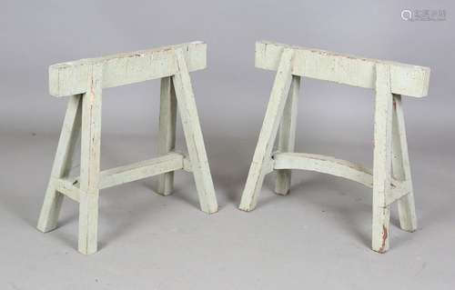 A pair of green painted trestle stands, height 59cm, width 6...