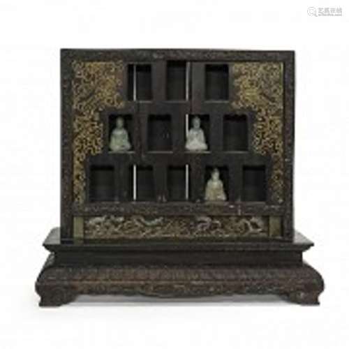 Buddhist altar of carved wood, with jade Buddhas, Qing dynas...