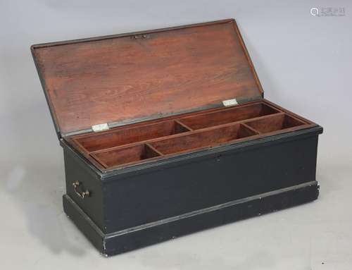 A late 19th century black painted pine carpenter's chest wit...