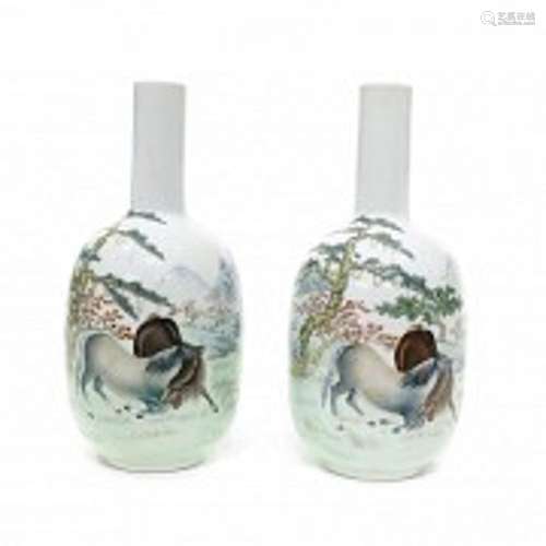 Pair of vases with horse scenes, 20th century