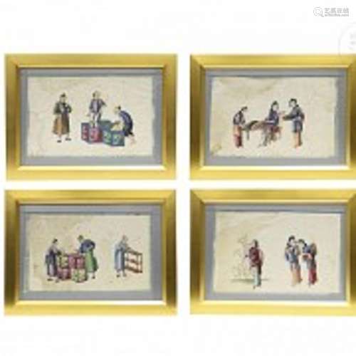 Four paintings on rice paper, Canton, late 19th century - ea...