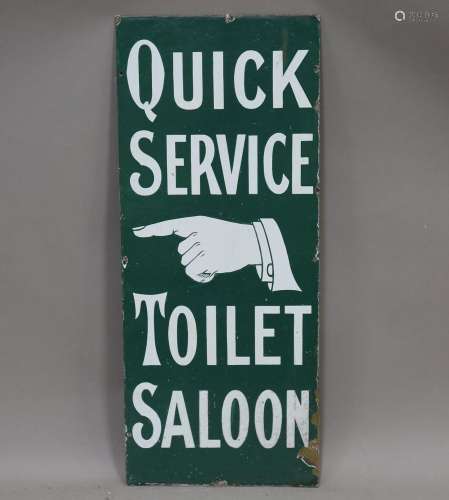 A 'Quick Service Toilet Saloon' enamel direction sign