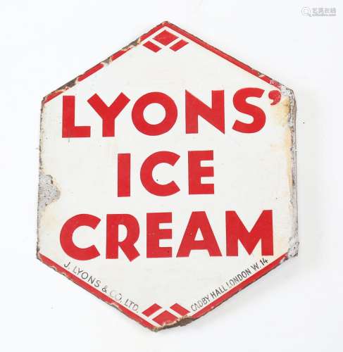 A Lyons' Ice Cream double-sided hexagonal enamel advertising...