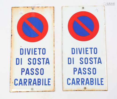 A group of four Italian enamel No Parking street signs