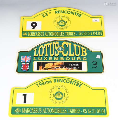A group of eight modern Lotus Club rally boards.