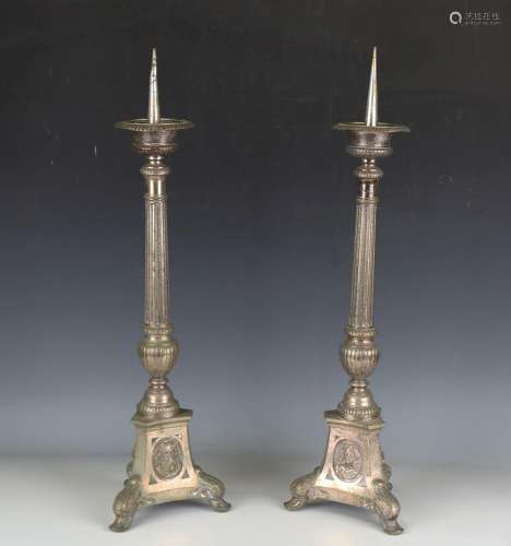 A pair of 20th century plated ecclesiastical pricket candles...