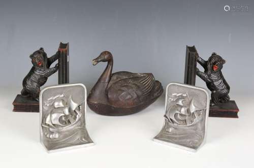 An early 20th century anodized brass box in the form of swan