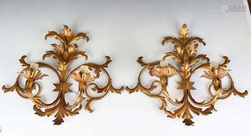 A set of three 20th century gilt metal two-branch wall sconc...