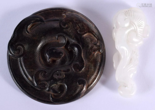 A CHINESE CARVED WHITE JADE LINGZHI FUNGUS together with a b...