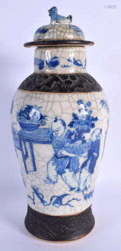 A LARGE 19TH CENTURY CHINESE CRACKLE GLAZED BLUE AND WHITE V...
