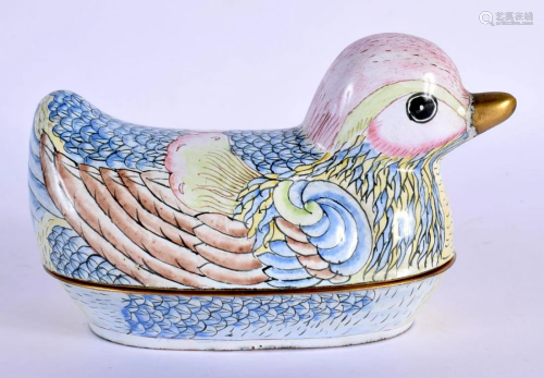 AN EARLY 20TH CENTURY CHINESE CANTON ENAMEL DUCK BOX AND COV...