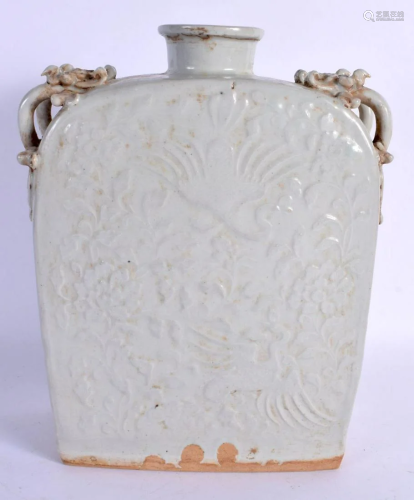 A CHINESE MONOCHROME CELADON TYPE TWIN HANDLED VASE moulded ...