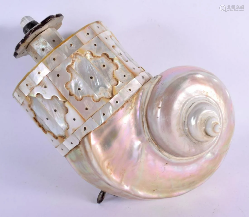 AN INDIAN GOA CARVED MOTHER OF PEARL POWDER FLASK in the for...