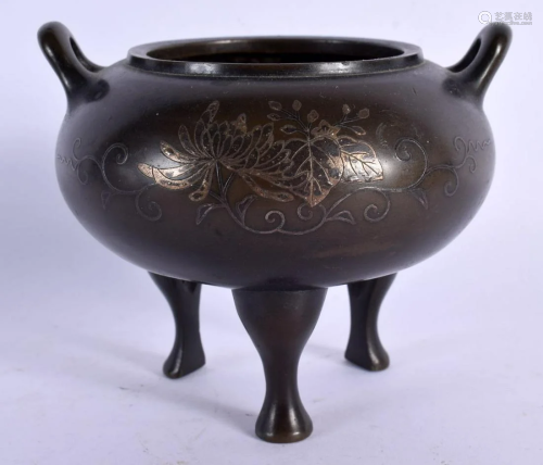 A 19TH CENTURY CHINESE TWIN HANDLED BRONZE CENSER with silve...