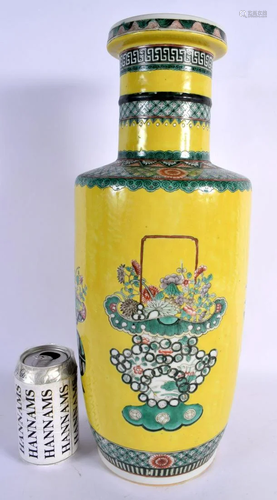 A RARE LARGE 19TH CENTURY CHINESE FAMILLE JAUNE ROULEAU VASE...