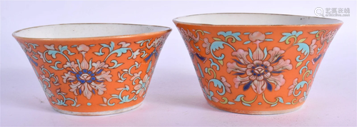 A RARE NEAR PAIR OF 19TH CENTURY CHINESE CORAL GROUND BOWLS ...