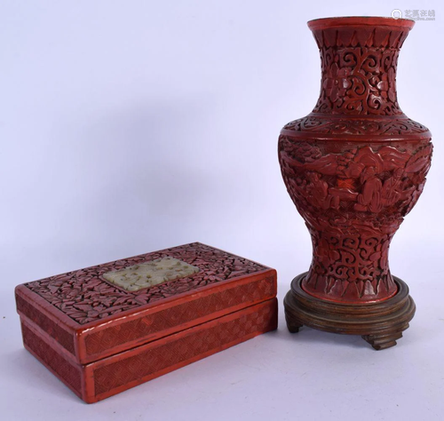 A 19TH CENTURY CHINESE CARVED CINNABAR LACQUER VASE together...