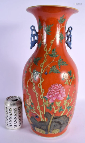 A LARGE EARLY 20TH CENTURY CHINESE CORAL GROUND PORCELAIN VA...