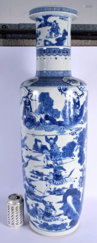 A VERY LARGE CHINESE BLUE AND WHITE PORCELAIN ROULEAU VASE p...