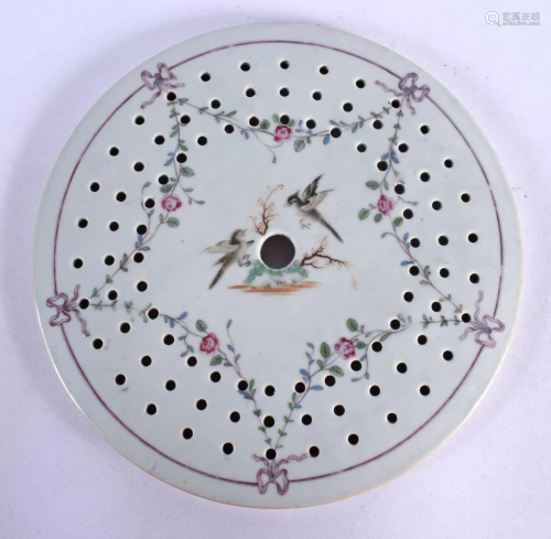 A RARE 18TH CENTURY CHINESE EXPORT FAMILLE ROSE STRAINING DI...