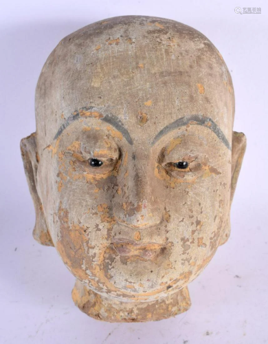 A 19TH CENTURY CHINESE POLYCHROMED WOOD STUCCO HEAD OF A BUD...