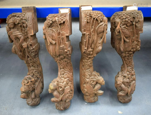 A SET OF FOUR 19TH CENTURY CHINESE CARVED HARDWOOD TABLE SUP...