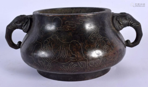 AN EARLY 20TH CENTURY CHINESE SILVER INLAID BRONZE CENSER La...