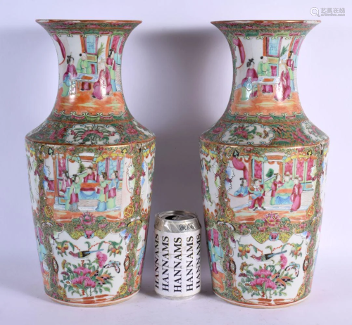 A LARGE PAIR OF 19TH CENTURY CHINESE CANTON FAMILLE ROSE VAS...