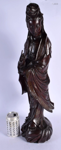 A LARGE 19TH CENTURY CHINESE SILVER INLAID HARDWOOD FIGURE O...