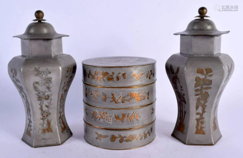 A PAIR OF EARLY 20TH CENTURY CHINESE PEWTER VASES AND COVERS...
