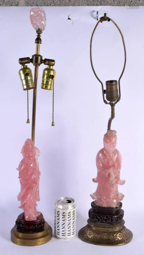 A PAIR OF 19TH CENTURY CHINESE CARVED ROSE QUARTZ FIGURAL LA...