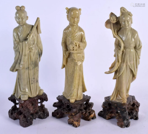 THREE 19TH CENTURY CHINESE CARVED SOAPSTONE FIGURES. Largest...