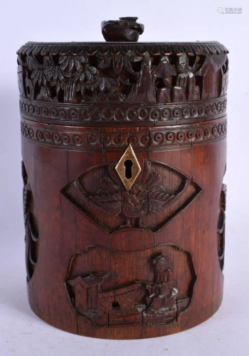 A 19TH CENTURY CHINESE CARVED BAMBOO BRUSH POT AND COVER dec...