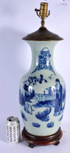 A LARGE 19TH CENTURY CHINESE CELADON BLUE AND WHITE VASE con...