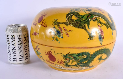 A LARGE CHINESE FAMILLE JAUNE PORCELAIN DRAGON BOX AND COVER...