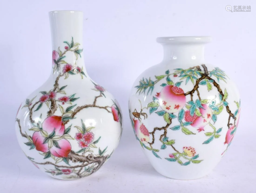 TWO CHINESE FAMILLE ROSE PEACH VASES 20th Century. Largest 1...