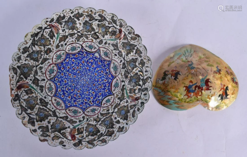 A PERSIAN ENAMELLED DISH and a painted shell. Largest 20 cm ...