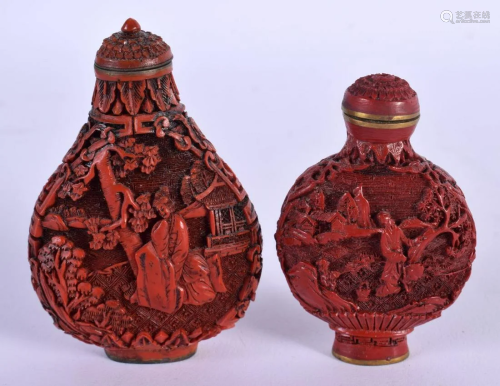 TWO CHINESE RED LACQUERED SNUFF BOTTLES AND STOPPERS. 7 cm x...