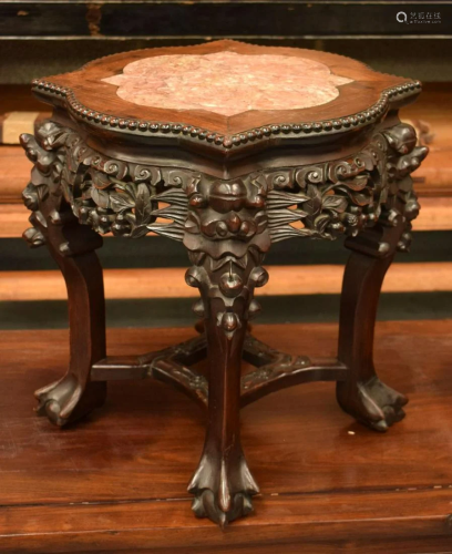 A 19TH CENTURY CHINESE CARVED HARDWOOD MARBLE INSET TABLE Qi...
