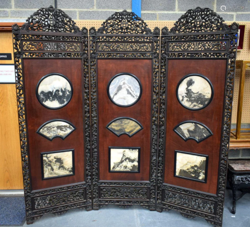 A VERY LARGE 19TH CENTURY CHINESE HARDWOOD AND MARBLE SCREEN...