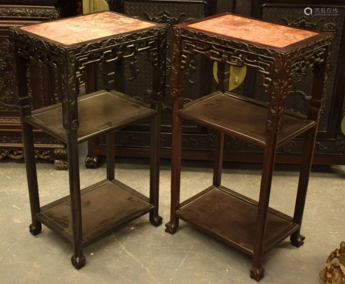 A PAIR OF 19TH CENTURY CHINESE MARBLE INSET HARDWOOD STANDS ...