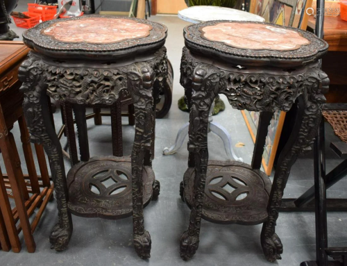 A LARGE PAIR OF 19TH CENTURY CHINESE MARBLE INSET HARDWOOD S...