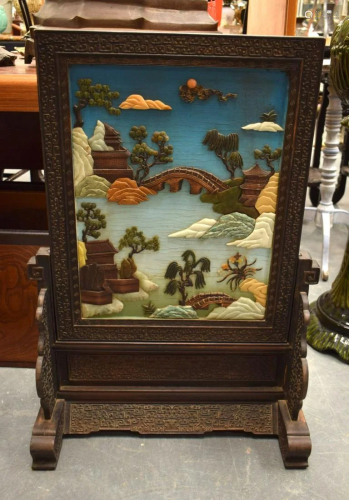 A VERY LARGE CHINESE HARDWOOD AND MIXED LACQUER AND STONE SC...