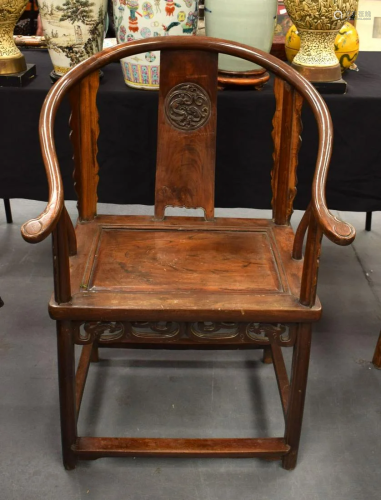 A 19TH CENTURY CHINESE CARVED HARDWOOD HORSE SHOE BACK CHAIR...