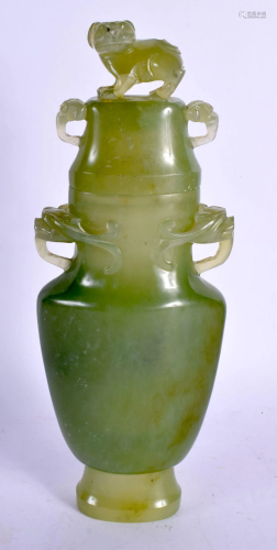 A LARGE EARLY 20TH CENTURY CHINESE GREEN JADE VASE AND COVER...