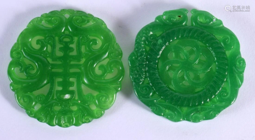 A CHINESE CARVED GREEN JADE PLAQUE 20th Century, together wi...